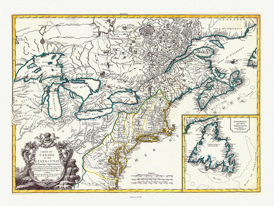 Vaugondy, Carte du Canada et des Etats Unis de l'Amérique Septentrionale, 1778 , map on heavy cotton canvas, 22x27" approx. - The Map Chest