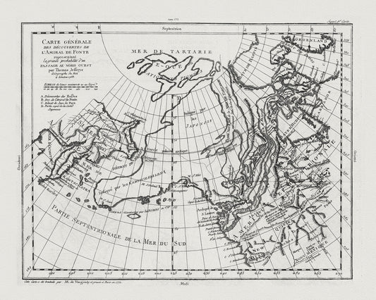 Vaugondy, Carte Générale des Découvertes de l'Amiral de Fonte (Northwest Passage), 1772, map on heavy cotton canvas, 22x27" approx. - The Map Chest