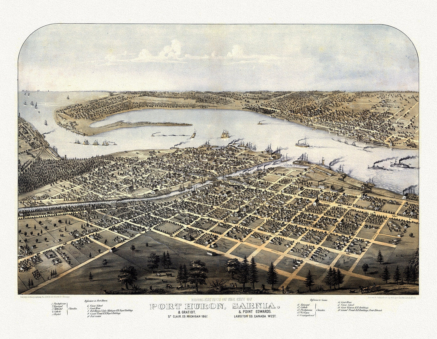 View of the City of Port Huron, Sarnia & Gratiot, Michigan, Point Edwards, Lambton Co., Canada West, 1867, canvas, 22x27" - The Map Chest