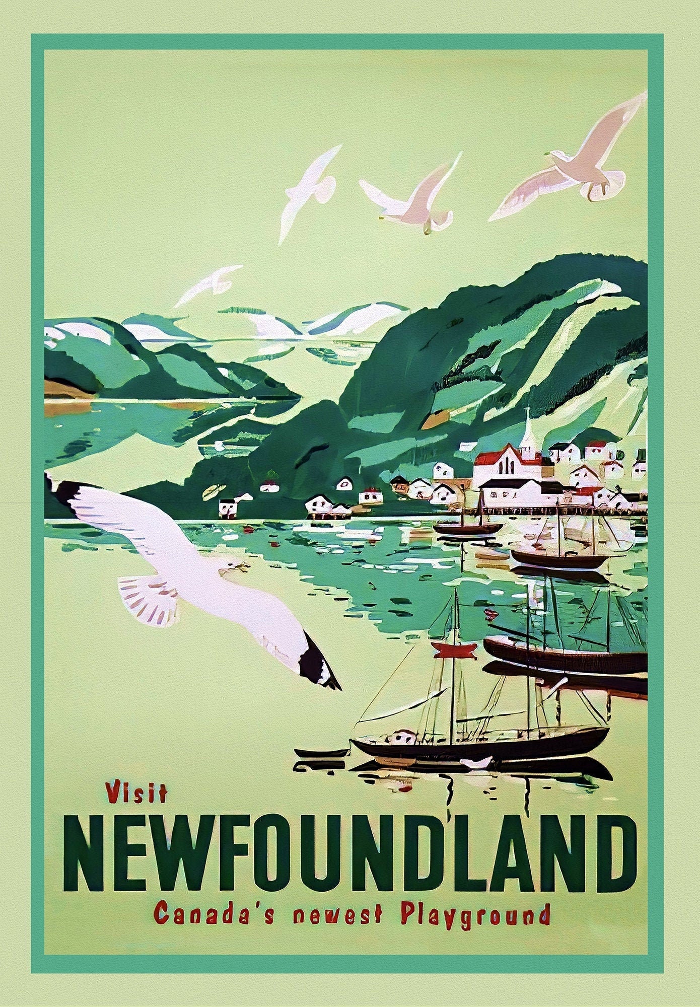Visit Newfoundland Canada, 1965, Travel Poster on heavy cotton canvas, 22x27" approx. - The Map Chest