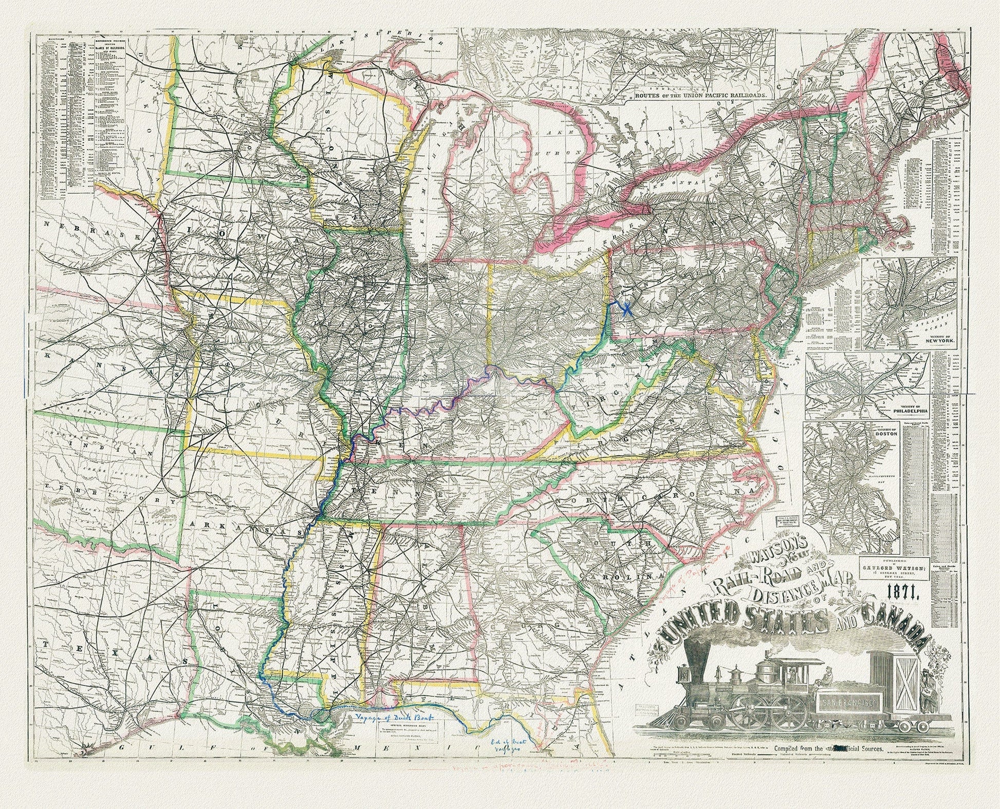 Watson's new rail - road and distance map of the United States and Canada, 1871, map on heavy cotton canvas, 22x27" approx - The Map Chest