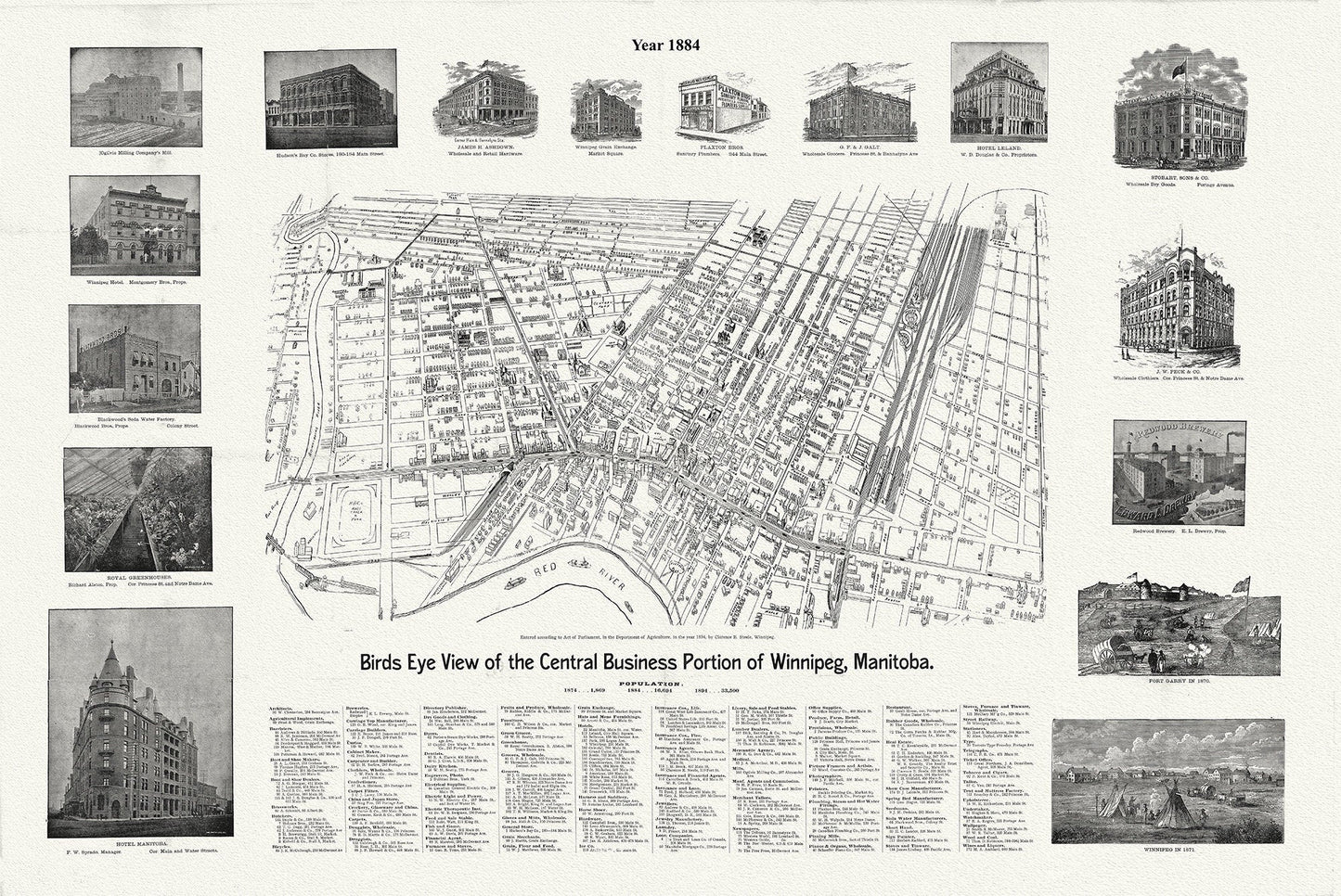 Winnipeg, A Bird's Eye View of the Central Business Portion, 1884 , map on durable cotton canvas, 50 x 70 cm, 20 x 25" approx. - The Map Chest