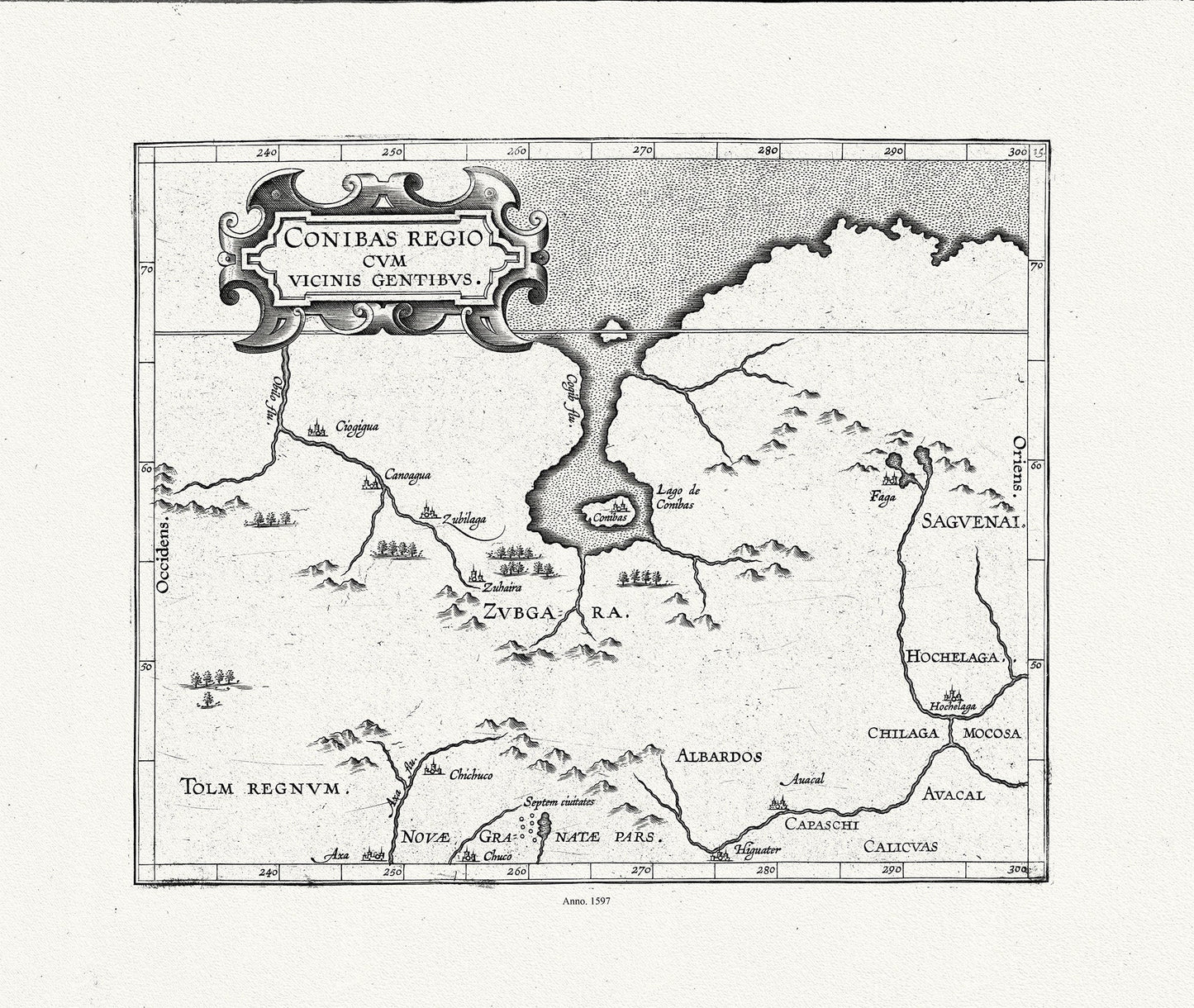 Wytfliet, Corneille, Conibas regio cum vicinis gentibus, (Central Canada), 1597, map on heavy cotton canvas, 22x27" approx. - The Map Chest