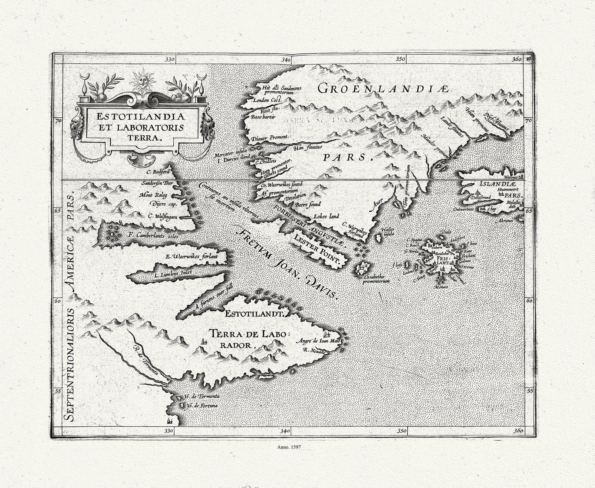 Wytfliet, Corneille, Estotilandia et Laboratoris Terra, ( East Coast Canada), 1597, map on heavy cotton canvas, 22x27" approx. - The Map Chest