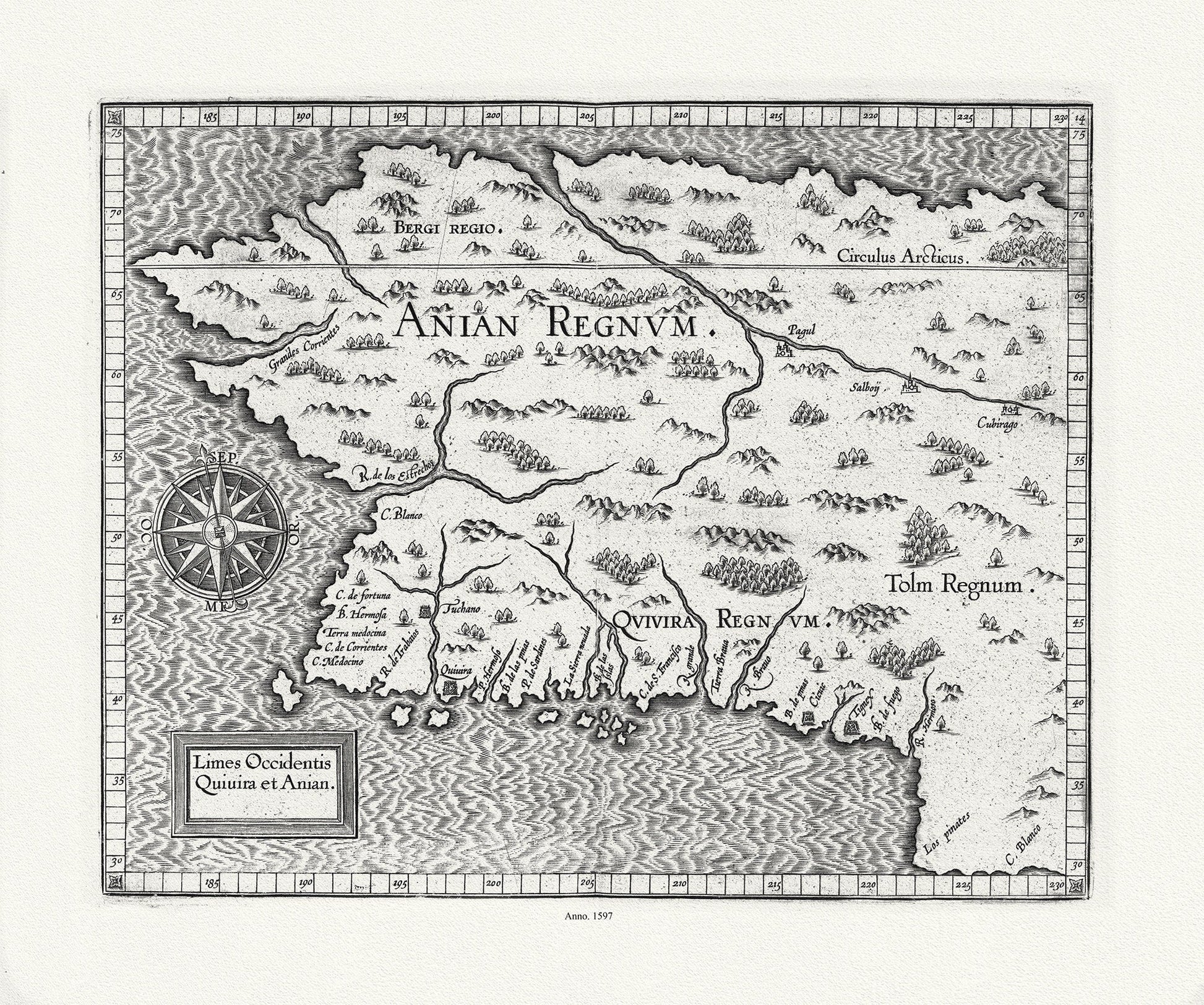Wytfliet, Corneille, Limes Occidentis Quivira et Anian,( Northern California to Mythical Northwest Passage), 1597E, canvas map, 22x27" - The Map Chest
