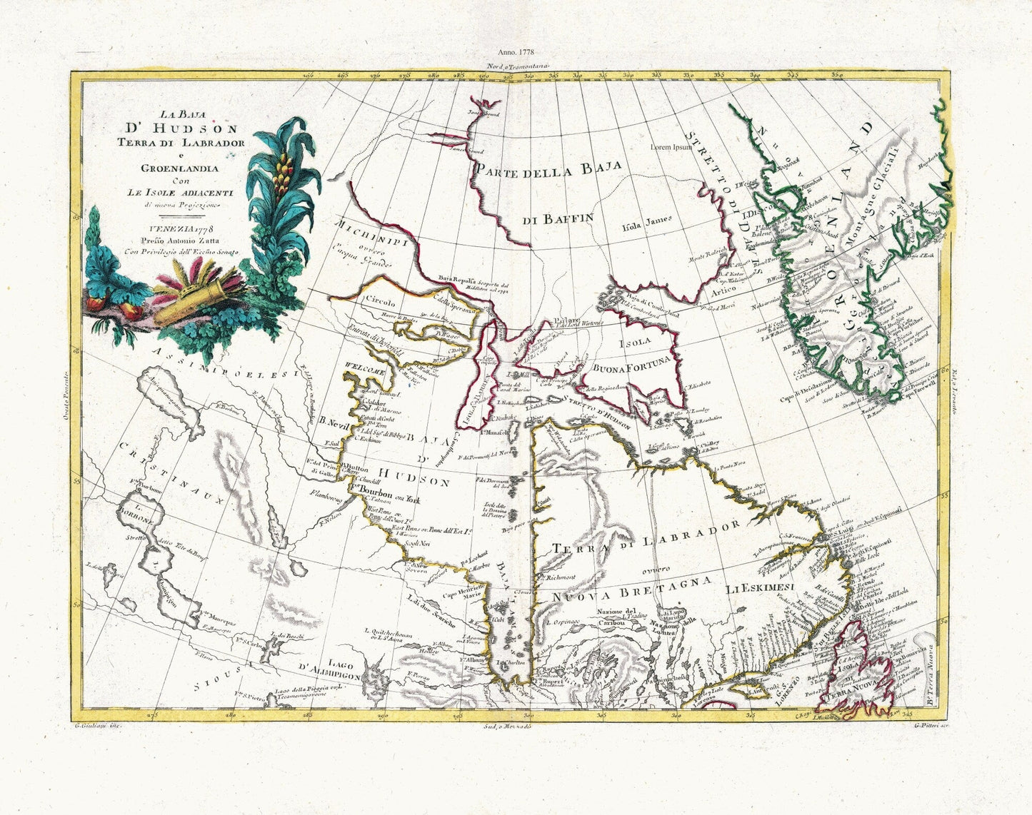 Zatta, Zuiliani, Novelli et Pitteri, La Baja D'Hudson Terra di Labrador e Groenlandia, 1778, map on heavy cotton canvas, 22x27" approx. - The Map Chest